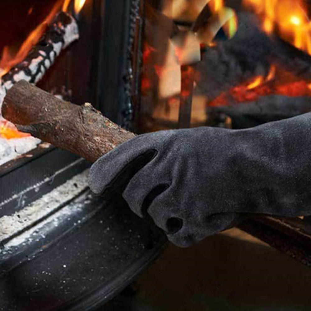 Leer oond hittebestande BBQ handskoene hoë temperatuur (
