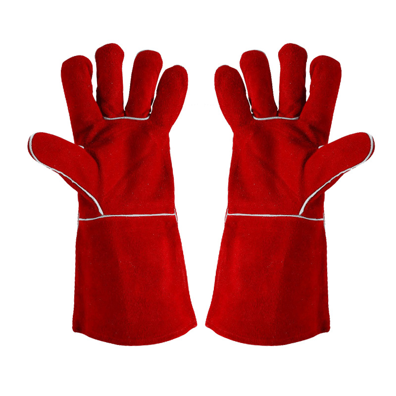 ถุงมือเชื่อมสีแดง ถุงมือทำงานหนังแยกวัว Leather Safety Working Gl (