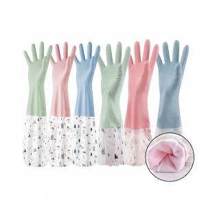 Kitchen Cleaning Fleece PVC Household Gloves Spray Flock Lined Fishscale Grip Long Cuff Rubber Gloves Manufacturer