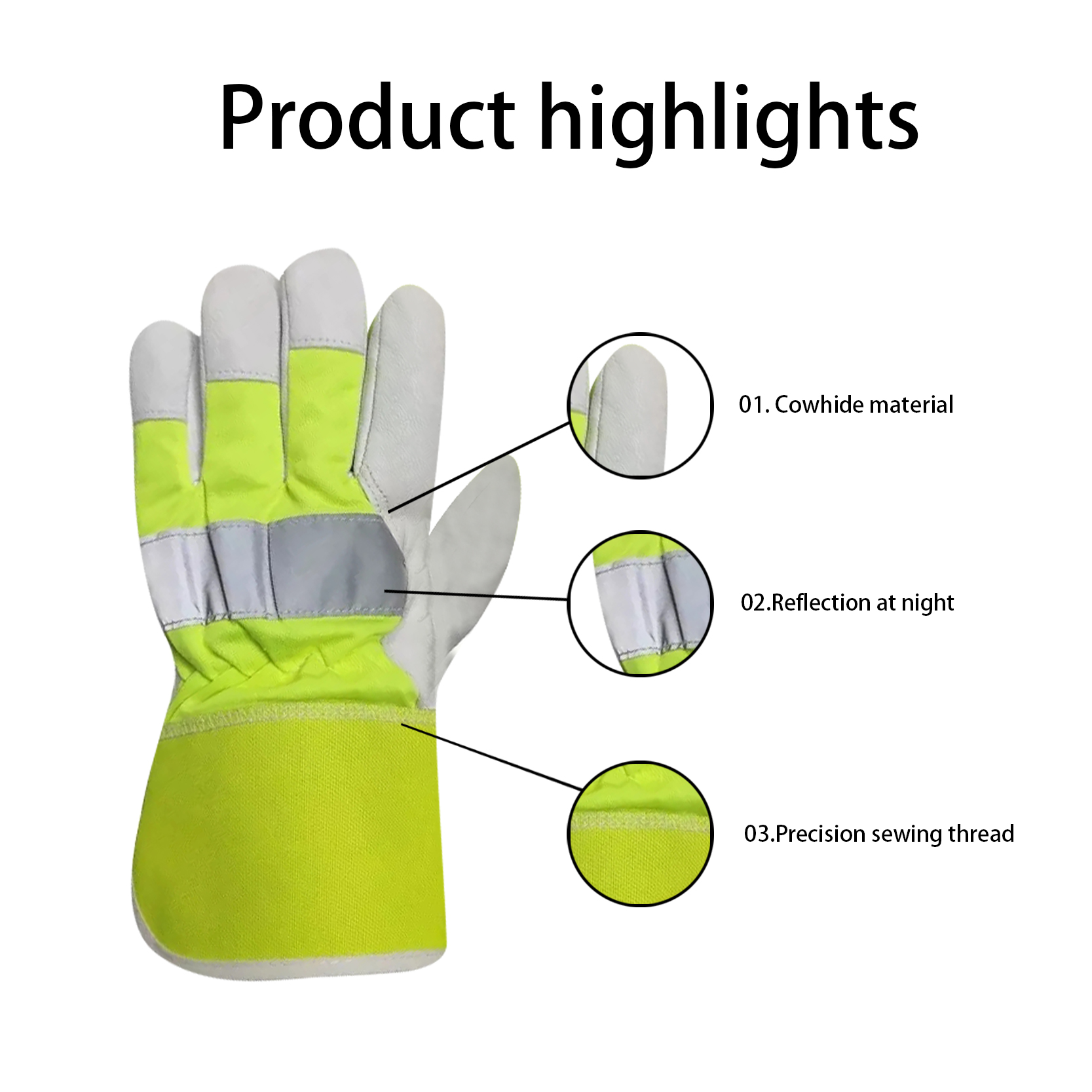 China wholesale Leather Work Gloves - Visible Cowhide Leather Reflective Strip Rigger Work Safety Gloves – Red Sunshine detail pictures