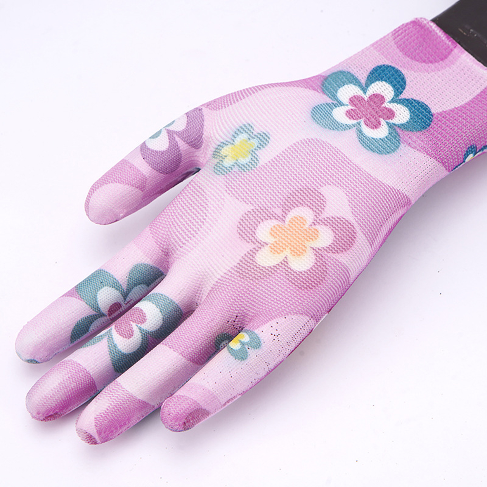 China wholesale Pvc Coated Gloves - Antistatic Red Flower Design White Pu Coated Work Garden Gloves – Red Sunshine detail pictures