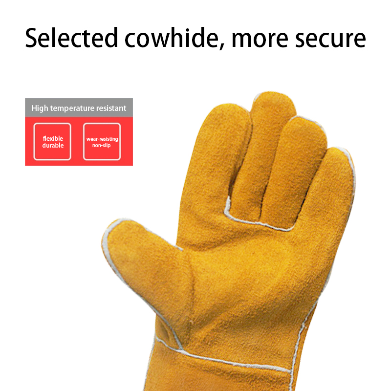 Factory Cheap Hot Fur Lined Leather Gloves - Long Yellow Leather Welding Gloves High temperature Resistance and Heat Insulation Labor Protection Welder Leather Gloves – Red Sunshine detail pictures