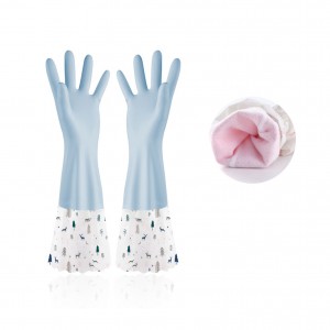 Kitchen Cleaning Fleece PVC Household Gloves Spray Flock Lined Fishscale Grip Long Cuff Rubber Gloves Manufacturer