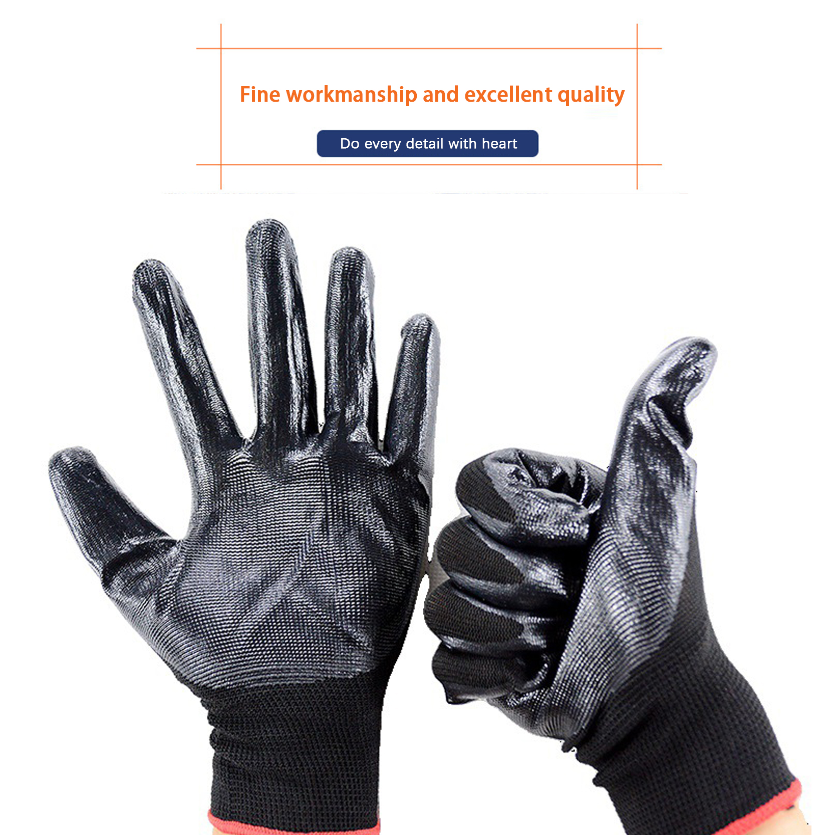 China wholesale Pvc Coated Hand Gloves - Black Industrial Abrasion Slip Resistant Nylon Knit Palm Dipped Construction Garden Fishing Safety Work Nitrile Coated Gloves – Red Sunshine detail pictures