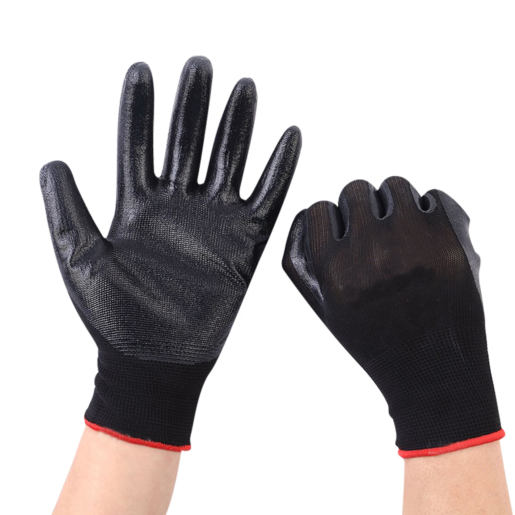China wholesale Pvc Coated Hand Gloves - Black Industrial Abrasion Slip Resistant Nylon Knit Palm Dipped Construction Garden Fishing Safety Work Nitrile Coated Gloves – Red Sunshine detail pictures