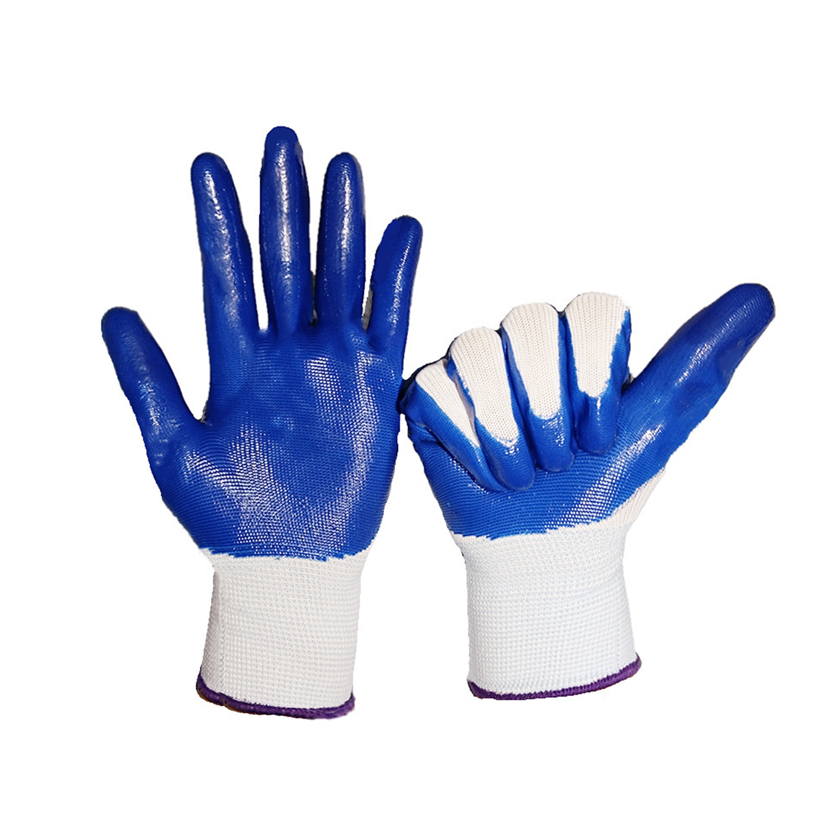 Customizable Blue White Polyester Palm Nitrile Coated Work Gloves (3)