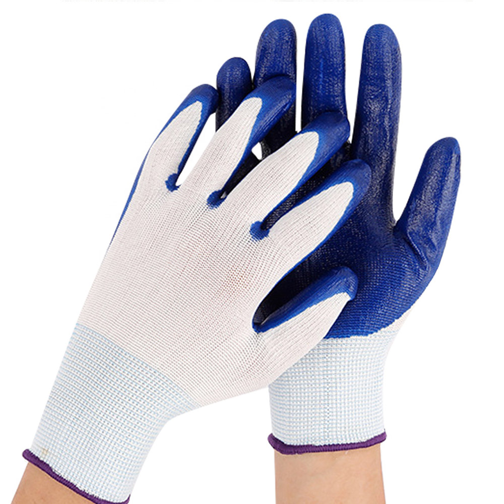 Customizable Blue White Polyester Palm Nitrile Coated Work Gloves (5)