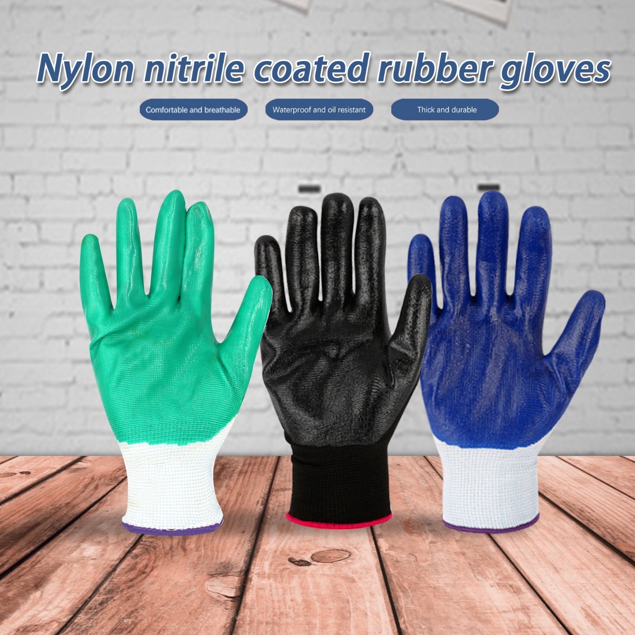 Customizable Blue White Polyester Palm Nitrile Coated Work Gloves